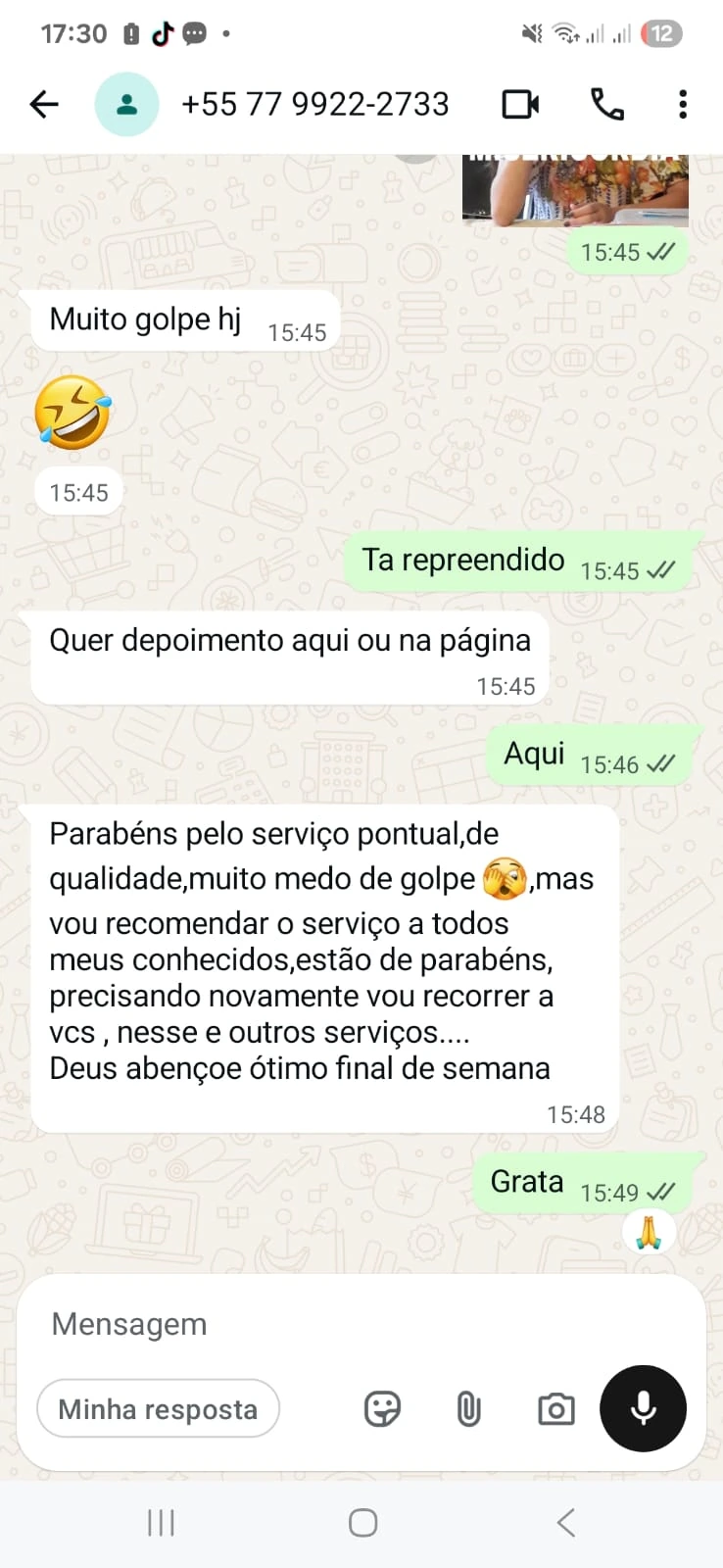 Depoimento de cliente enviado pelo WhatsApp