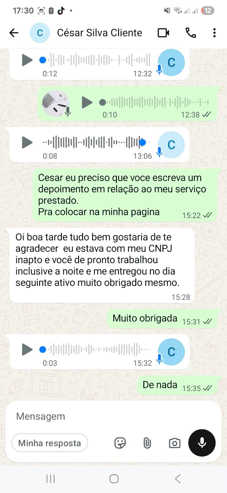 Depoimento de cliente enviado pelo WhatsApp